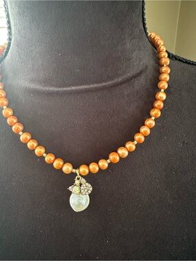Gold-Tone Copper Brown Pearl Necklace with Crystal & Pearl Drop Pendant